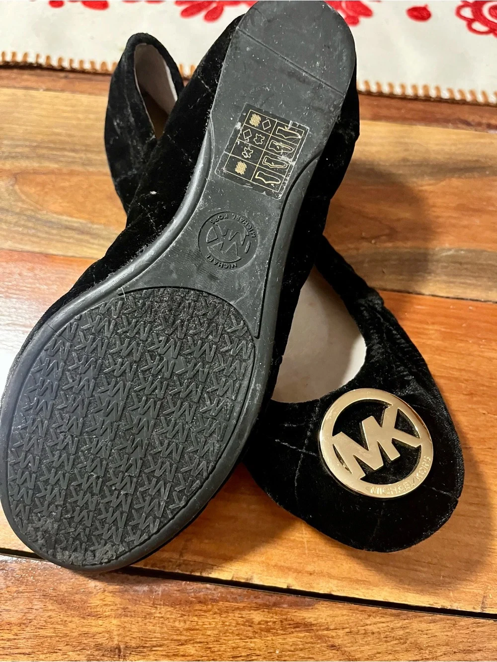 Michael Kors Black Velvet Ballet Flats with Gold MK Emblems Sz 7M